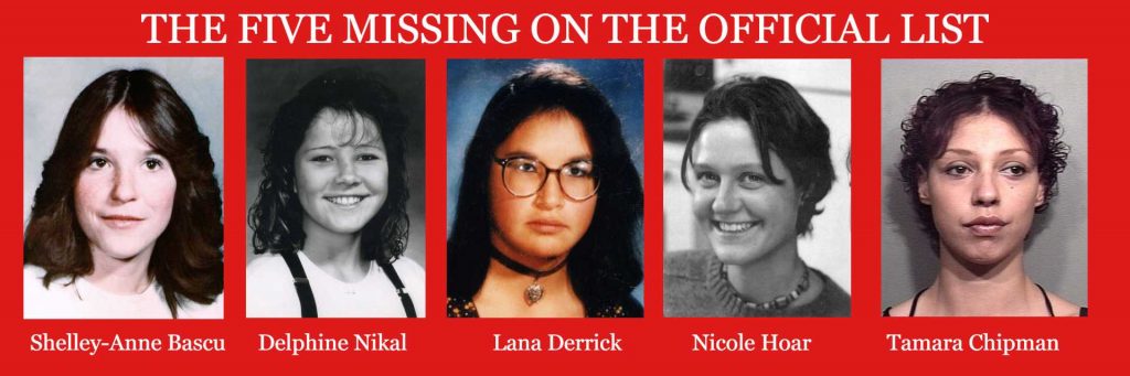 five official missing persons cases from Project E-PANA and the Highway of Tears